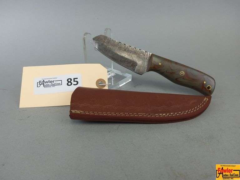 Damascus Style Steel Blade Knife with Leather Sheath image