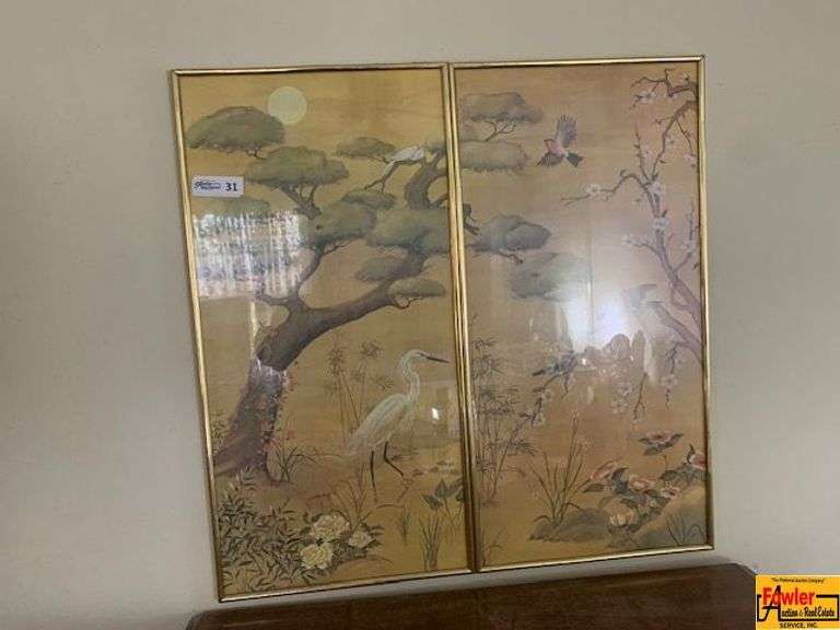 Pair of Framed Silk Paintings depicting a Chinese or Japanese Garden Scene image