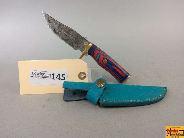 Damascus Style Steel Knife with Turquoise Sheath image