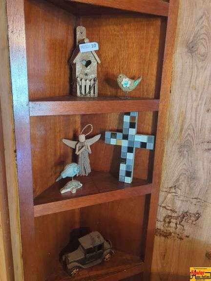 Contents Of Shelves:  Cast Iron Model A Ford Car, Birdhouse, Bird Figurines, Cross, Angel Ornament image