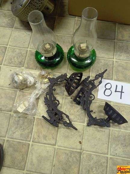 Green Glass Oil Lamps & Cast Iron Wall Mounts image