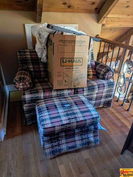 Upholstered Plaid Armchair and Ottoman Set