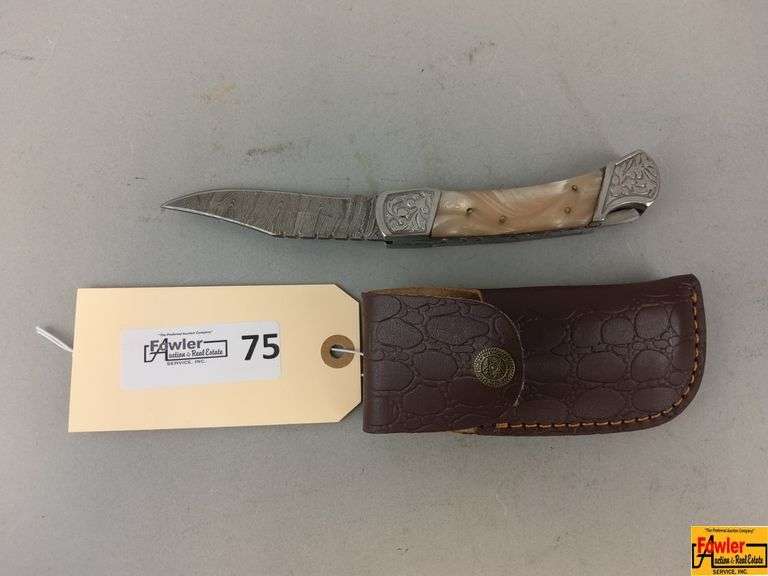 Folding Knife with Damascus Blade and Sheath image