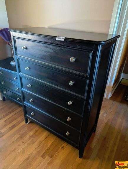 Dark Wood Bedroom Suite: Bed, Dressers, and Nightstand