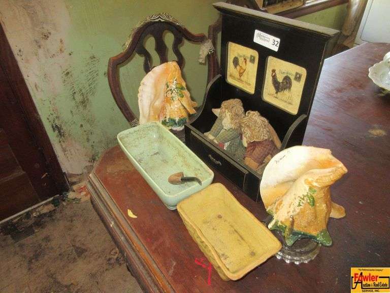 Wood Mail Holder, (2) Pottery Planters & (2) Conch Shell Figurines image