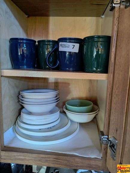 Contents Of Kitchen Cupboards: dinnerware, mugs, cleaning products