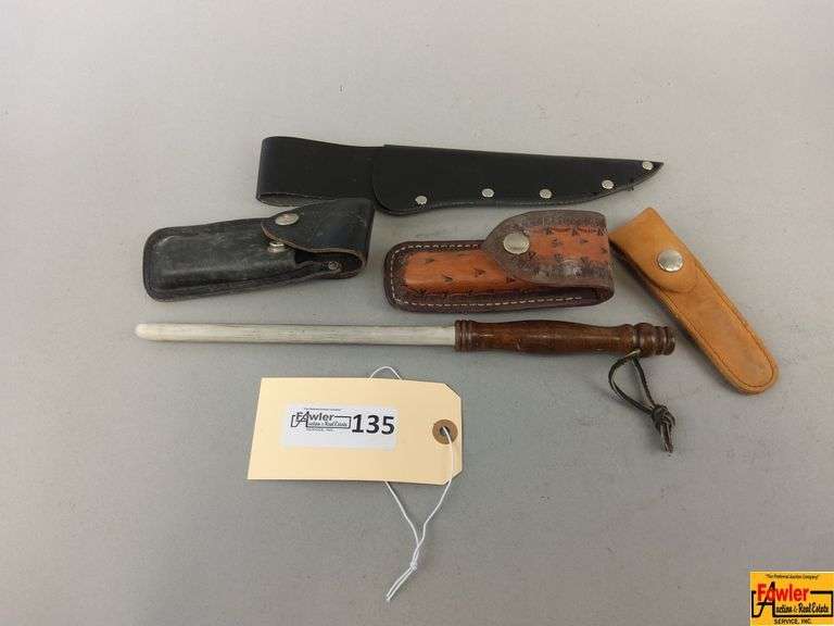 Sharpening Steel and Assorted Leather Knife Sheaths image