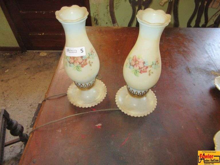 (2) Vintage Milk Glass Fresser Hurricane Lamps image