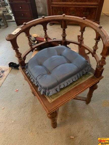 Vintage Wooden Barrel-Back Chair with Blue Cushion image
