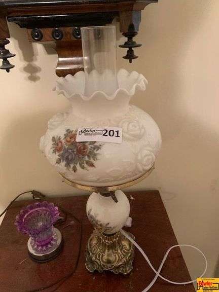 Hurricane-Style Lamp featuring a "Cabbage Rose" Pattern image