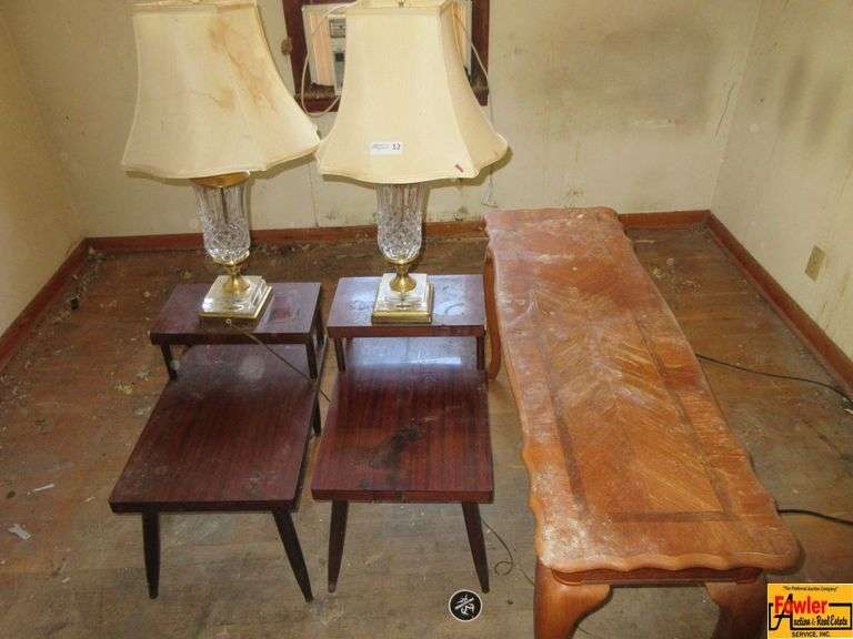 (2) Vintage End Tables, (2) Glass Table Lamps & Library Table image