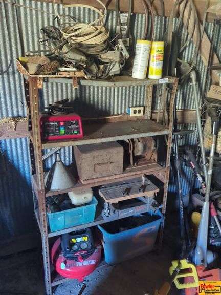 Metal Shelves With Contents, Lawn Tools & Miscellaneous image