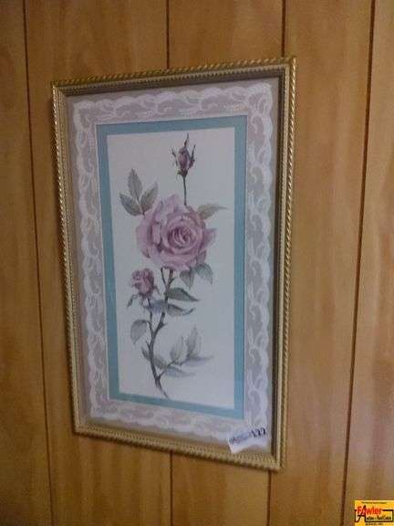 Vintage Pink & Purple Rose Framed Print with Gold Frame and a White Lace-Patterned Mat. image