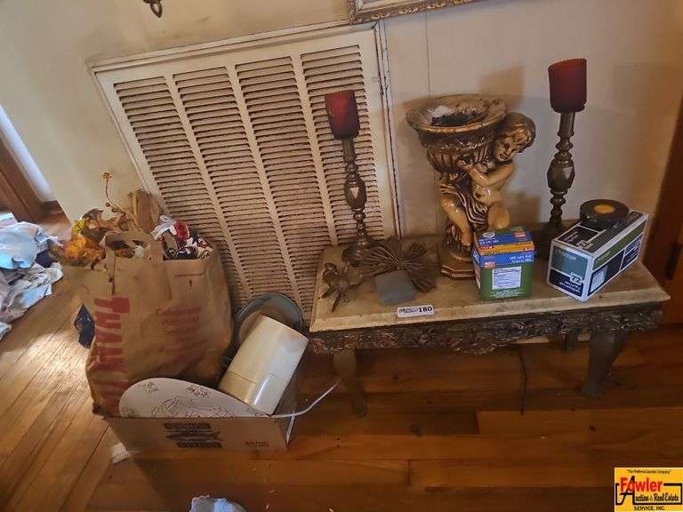 Ornate End Table with Angel Figurine and Candle Holders image