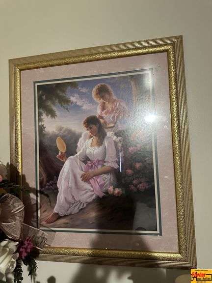 Vintage Framed Home Interior Print Of Girls Fixing Hair image