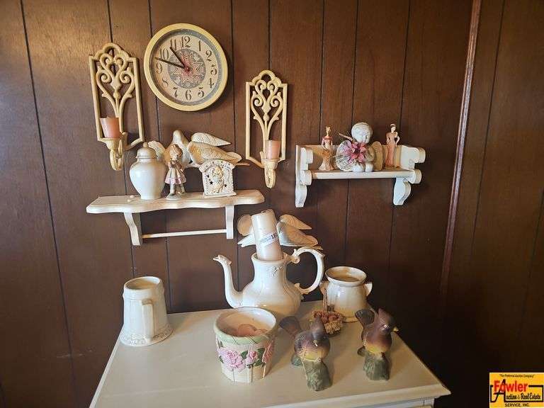 Assorted Home Decor Items: Teapot, Figurines, and Wall Shelves image
