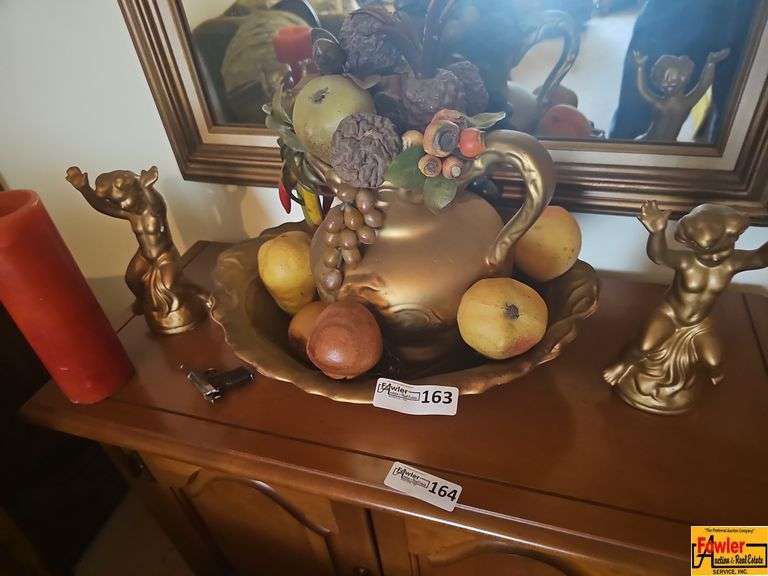 Pair of Decorative Golden Cherub Statues and Bowl of Fruit with Vase image