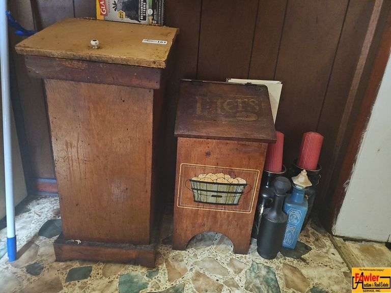 Two Wooden  Tater Storage Containers with Painted Designs image