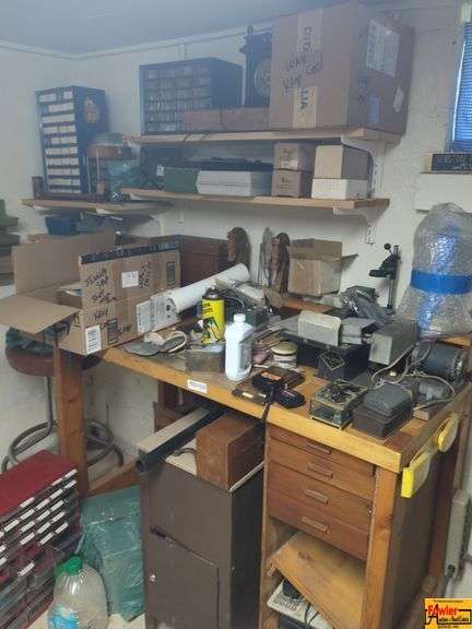 Contents Of Work Area:  work desk, parts storage organizer, bench lathe and more image