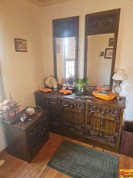 Ornate Wood Dresser with Mirrors and Side Table image