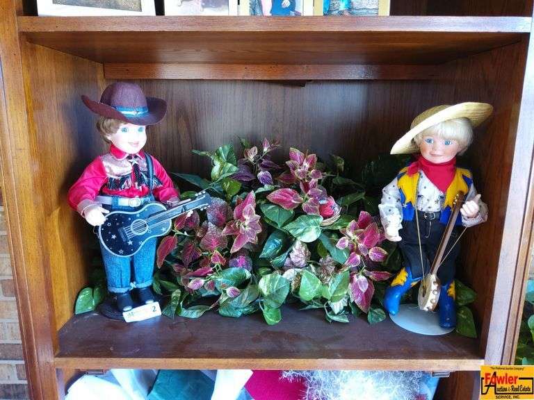 Contents of Shelf in Secretary Hutch:  Danbury Mint's Country Musicion Series, Danny & Travis Plus A Faux Greenery Arrangement (Hutch sold in Lot 1) image