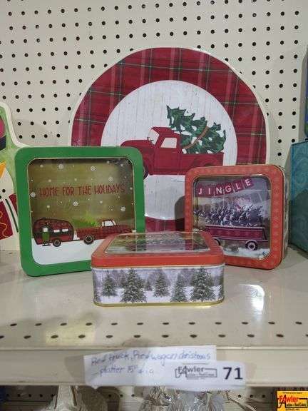 Christmas Red Truck Tin , Red Wagon Tin & Decor (H160) image