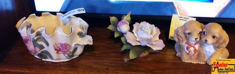 Contents of Shelf in Entertainment Center: Dogs & Flower Figurines & Trinket Dish image