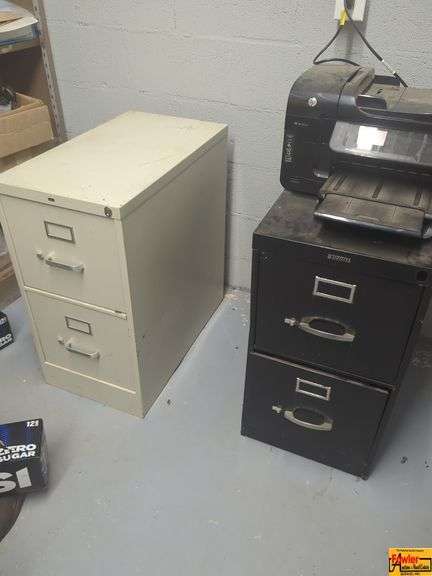 (2) Metal 2-Drawer File Cabinets & HP Printer image