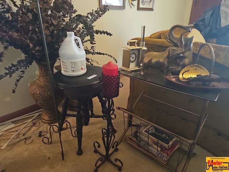 Brass Decor, Table, Vase, and Stool Grouping image