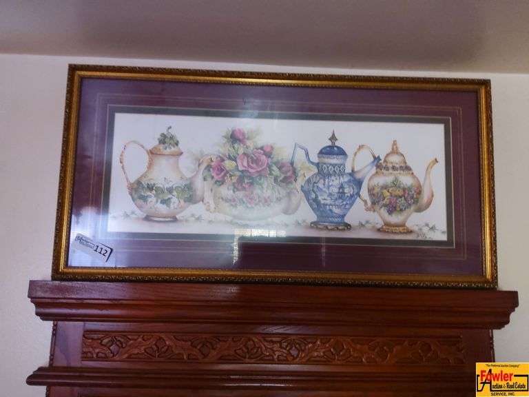 Framed Print Featuring Four Decorative Teapots by Frankie Buckley & A Vintage Floral Porcelain China Collector Plate with Gold Trim image