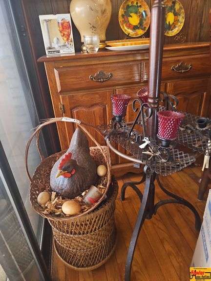 Metal Plant Stand with Candle Holders and Decorative Chicken Basket image