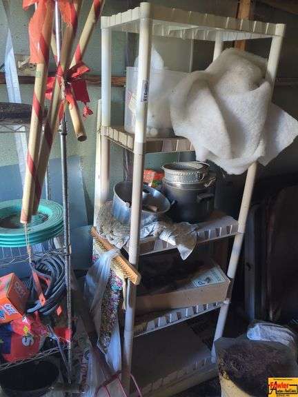 Contents Of Room:  shelves, kitchenware, foldable chairs, coolers, fan, plastic totes with contents & more image