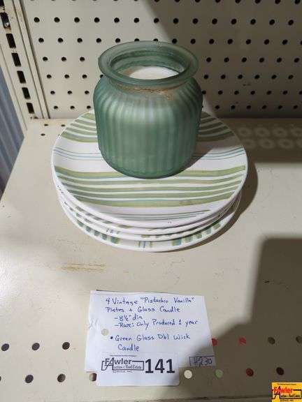 4 Vintage 'Pistachio Vanilla' Plates & Glass Candle (H230) image