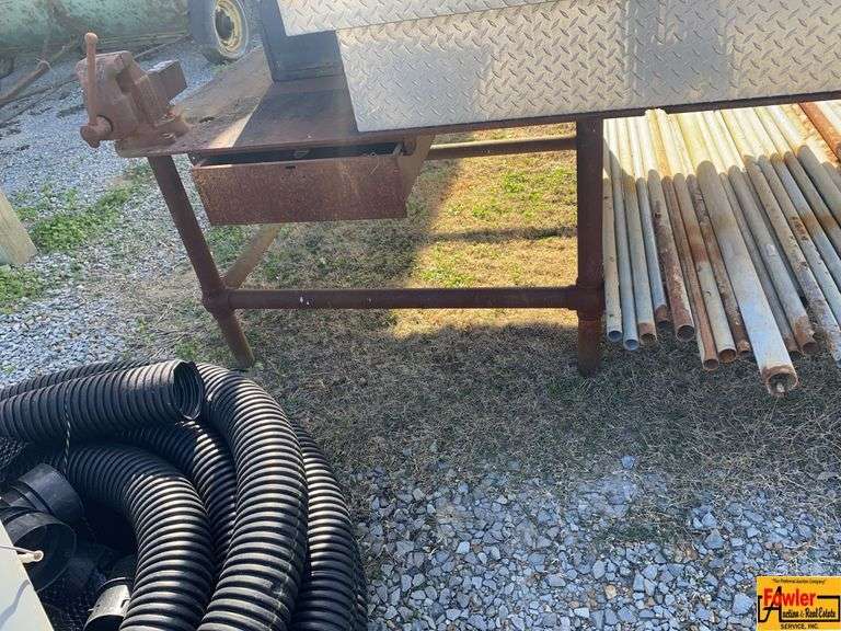 Large Metal Work Bench With Mounted Vise & Pipes image
