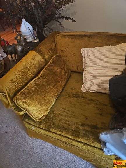 Gold Upholstered Sofa and Clothing Lot image
