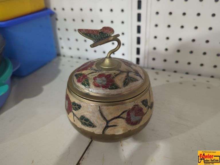 Vintage Solid Brass Decorative Bowl with Flowers & Butterfly (H289) image