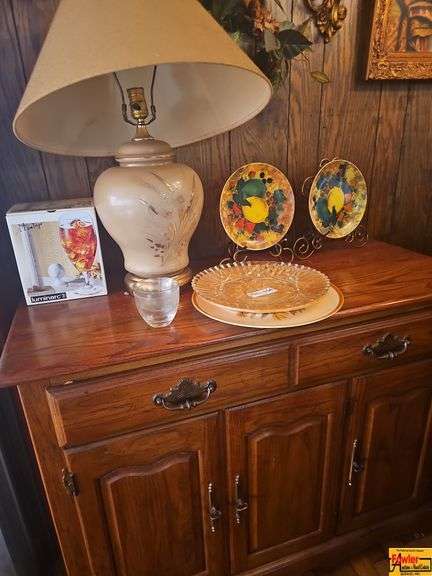 Table Lamp, Decorative Plates, Glass Plate Set, and Cabinet image