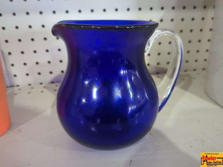 Small Vintage Hand Blown Glass Pitcher-Blue (H302) image