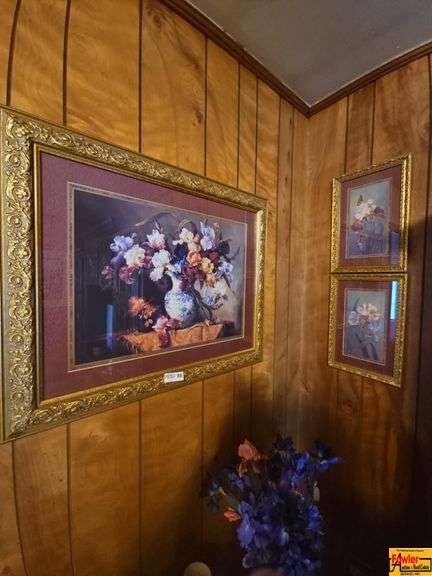 Home Interiors Framed Print of a Floral Still Life & Two Smaller Floral Prints image