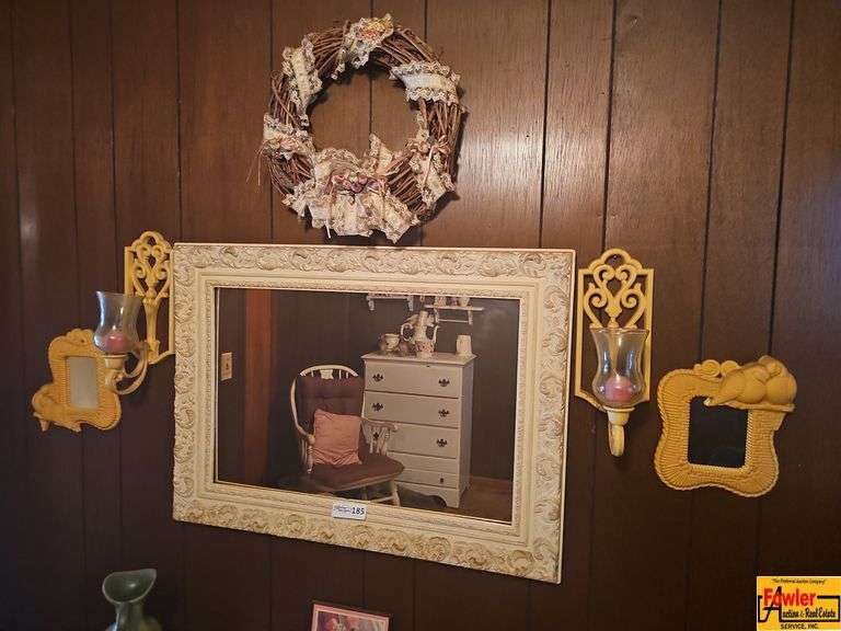 Wall Decor with Mirror, Candle Holders, Wreath, and Frame image