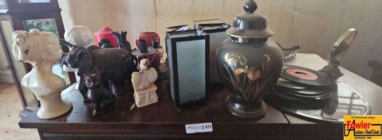 Vase, Candle Holders, Bust, Trinkets, and Records image