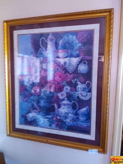 Framed & Matted Print of Teapots, Cups, and a Large Bouquet of Pink & Purple Roses image