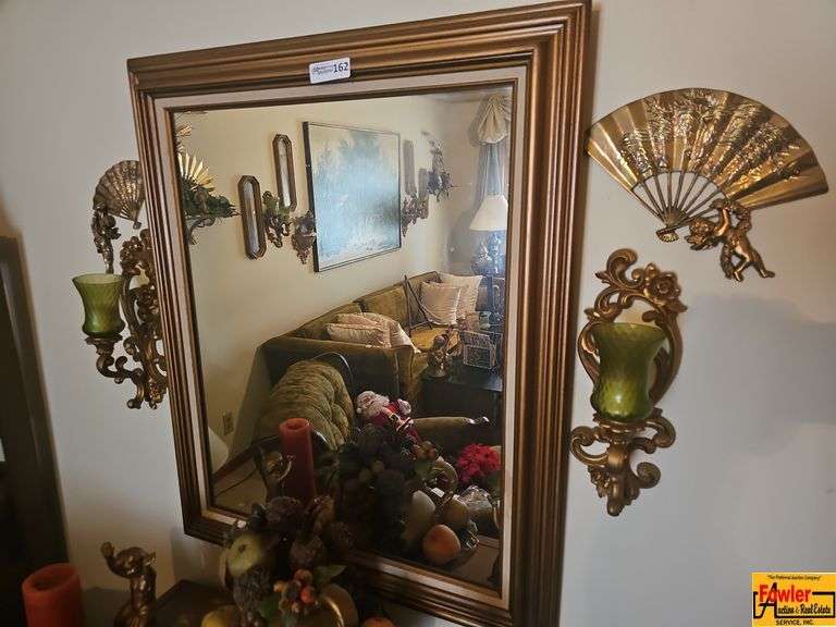 Large Framed Wall Mirror with Sconces and Decorative Fan image