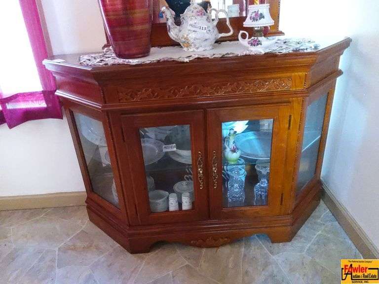 Wooden Curio Cabinet with Glass Doors & Matching Hanging Mirror (Contents on top sold in lot 113 and contents in cabinet sold in lot 114) image