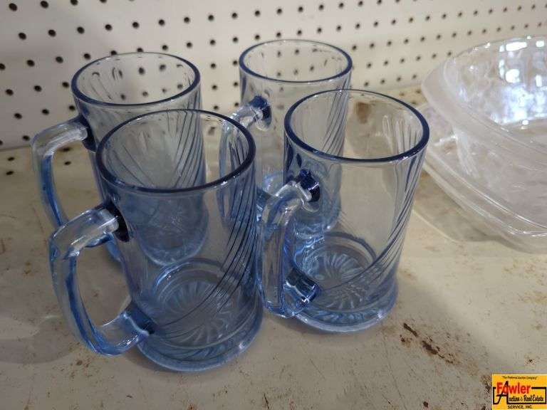 4 Clear Blue Swirl Glass Mugs (H272) image