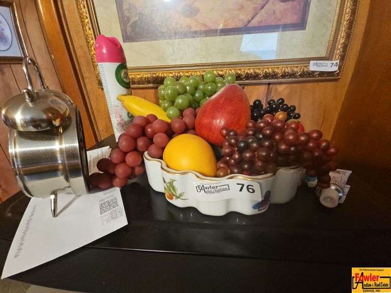 Contents on Top of Microwave: Bowl with Faux Fruit & Alarm Clock image
