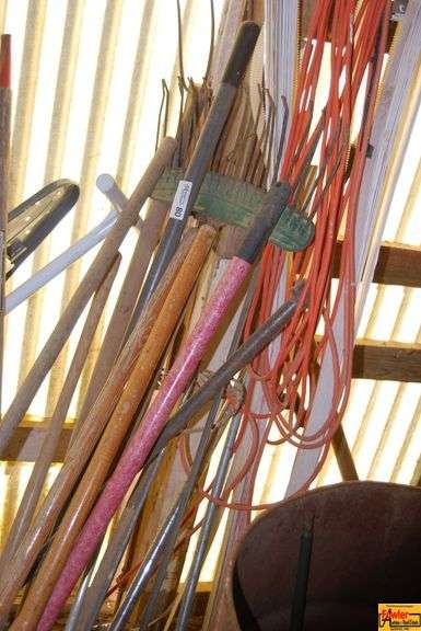 Lot of Various Long Handled Tools, and Hoses image