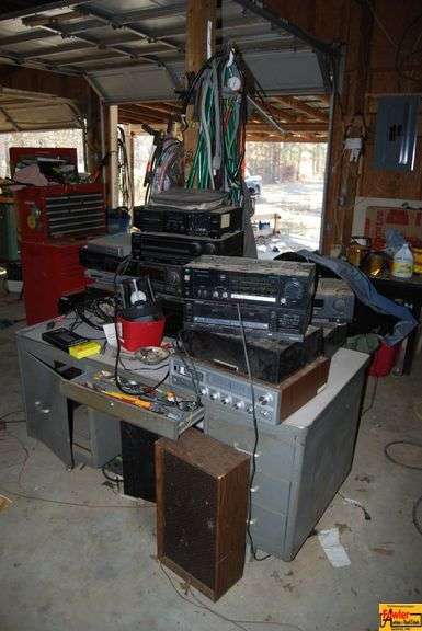 Mixed Lot of Audio Components and Metal Desk image