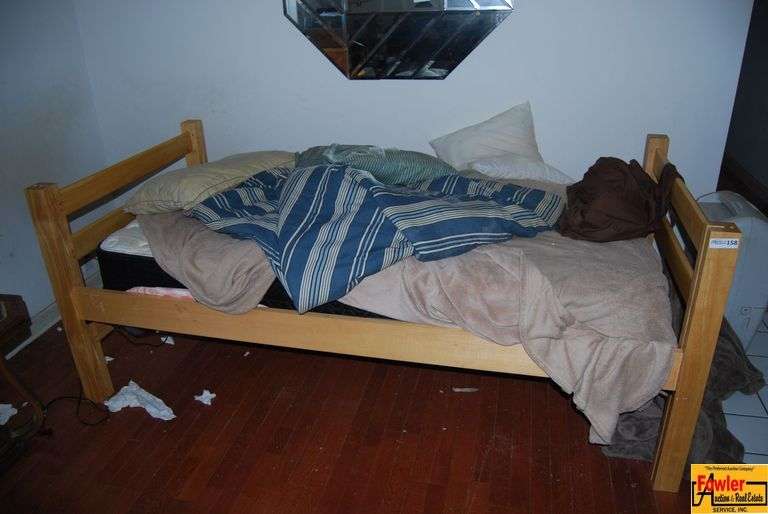 Twin Size Wooden Bed Frame with Mattress and Bedding image