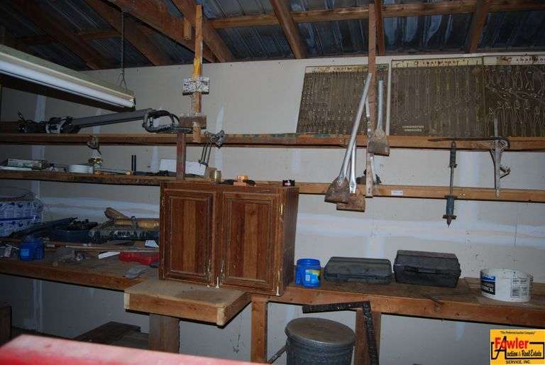 Shelving with Various Tools and Garage Items (Drywall Sanders Not Included) image